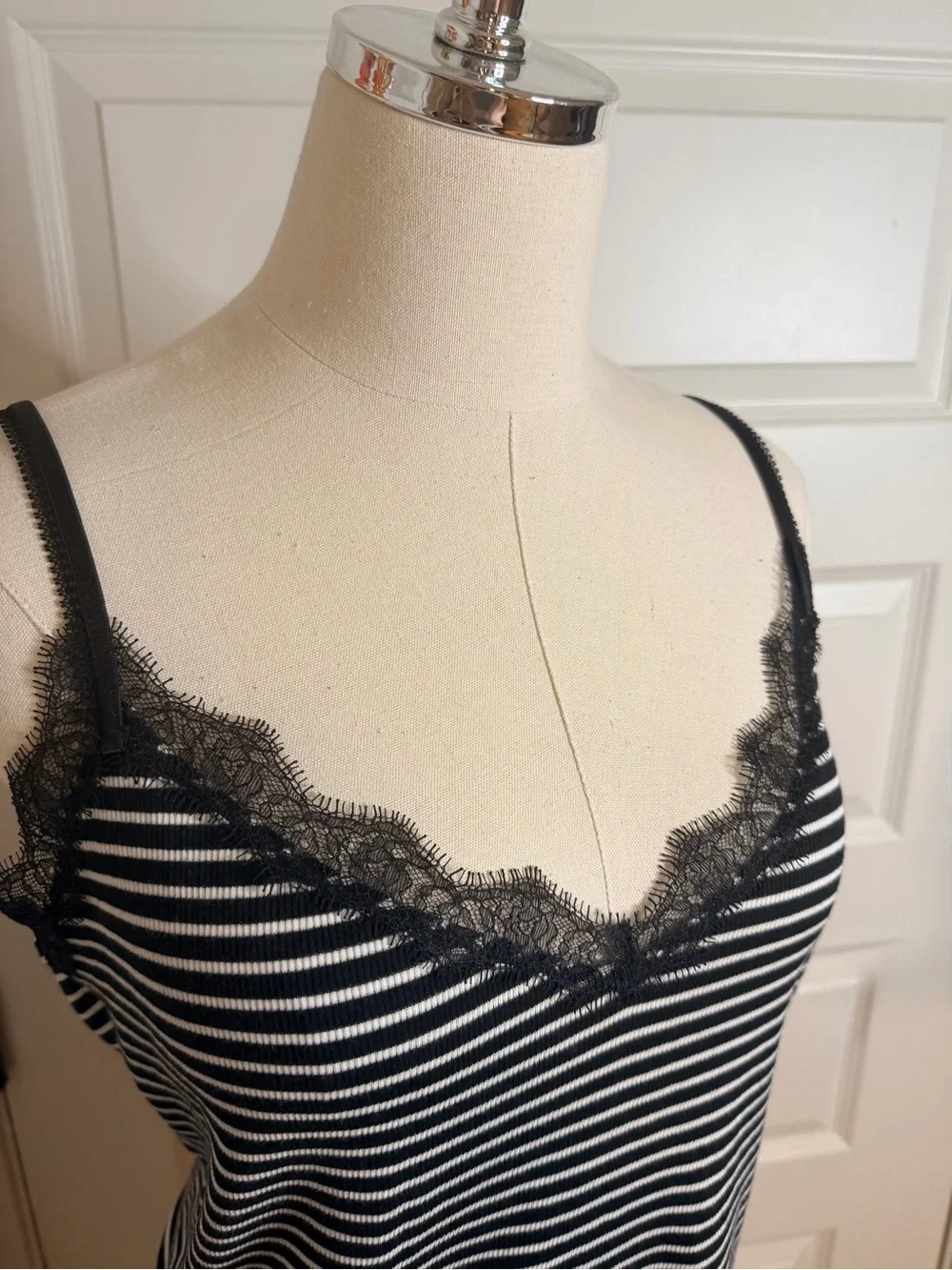 J. Crew Black & White Striped Fine Rib Lace Trim Cami